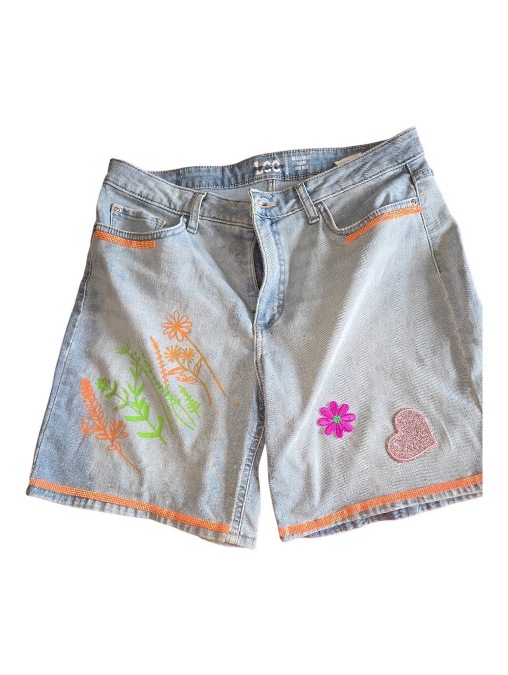 Upcycled Floral Patch Denim Shorts — Boho Embroidered Mid Rise Cutoffs Upcycled1